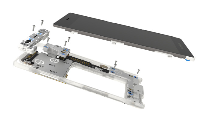 Éclaté d'un Fairphone 2 avec ses vis