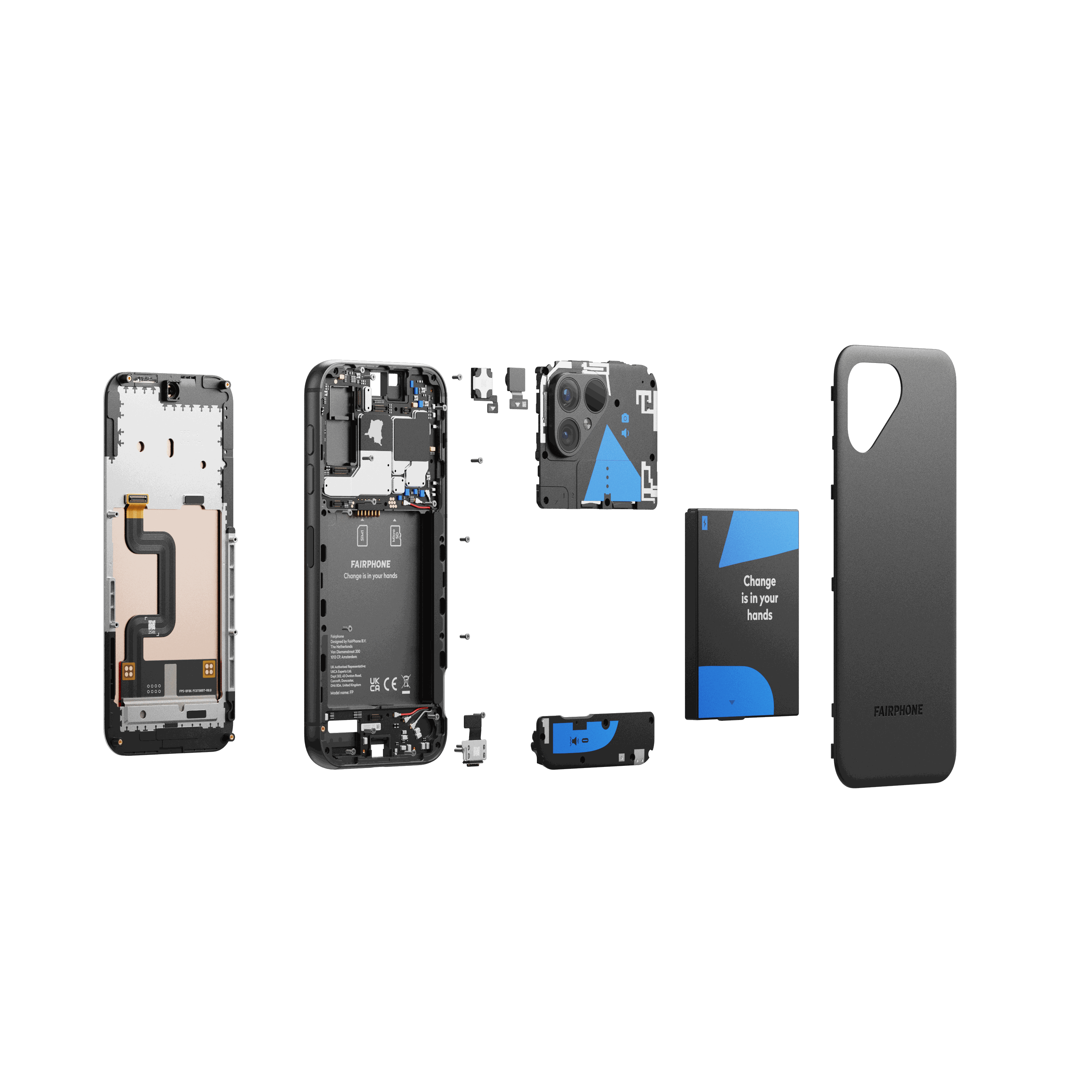Bild eines Fairphone 5 in allen seinen Einzelteilen